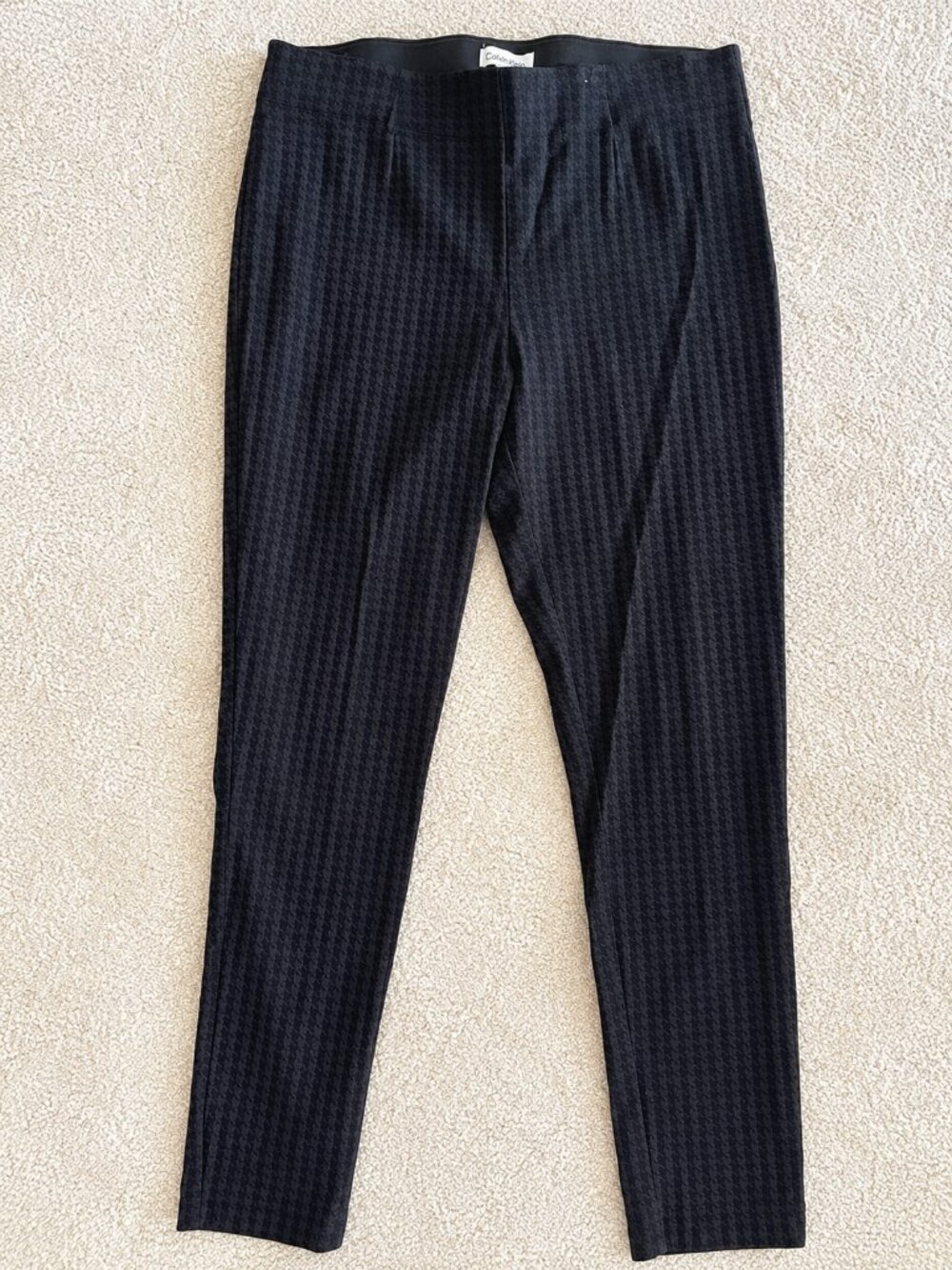 Calvin Klein Pull On Stretch Pants 14 Black Tonal Houndstooth Slim Ankle